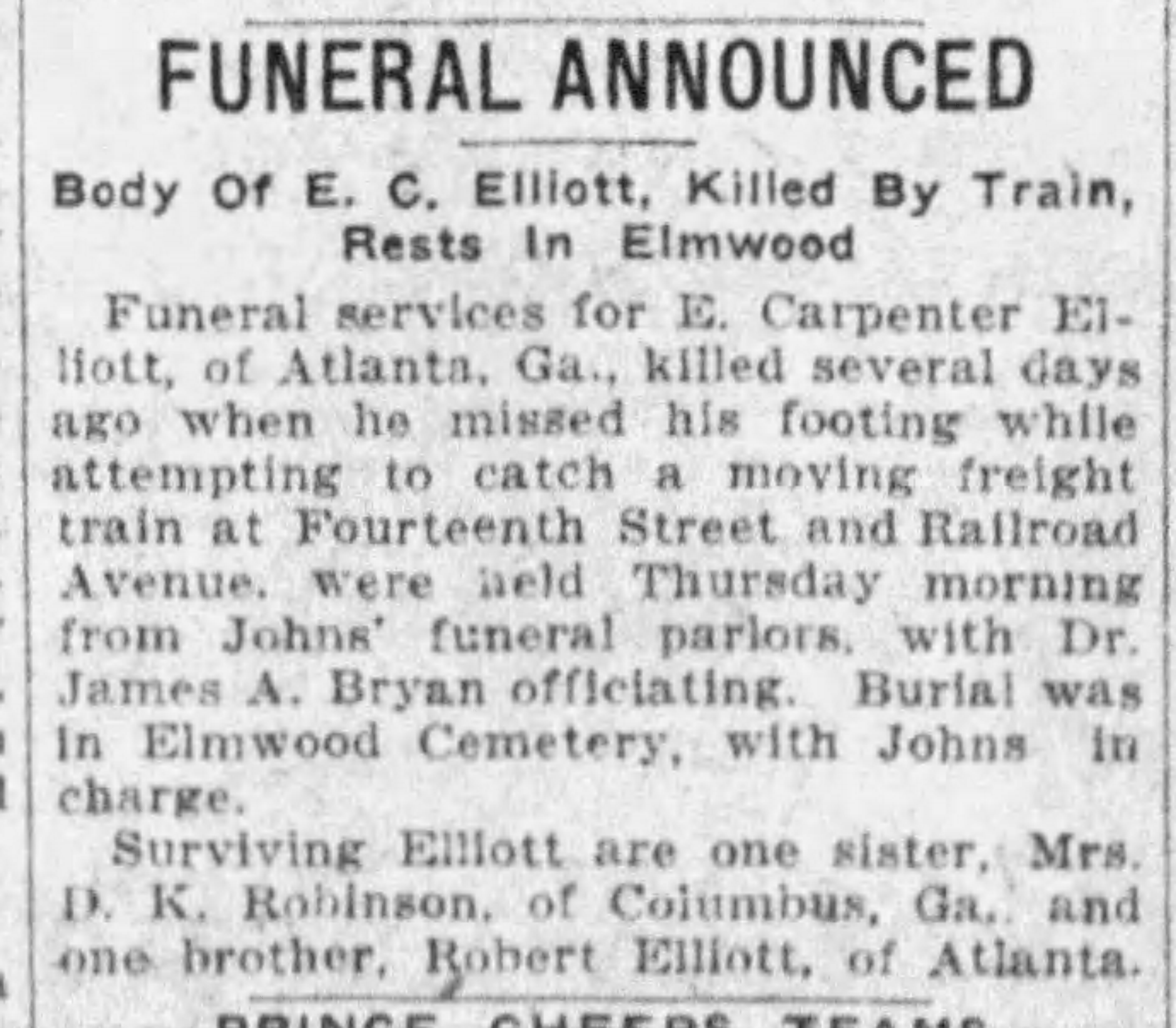 Body of E.C. Elliott Killed By Train Rests in Elmwood